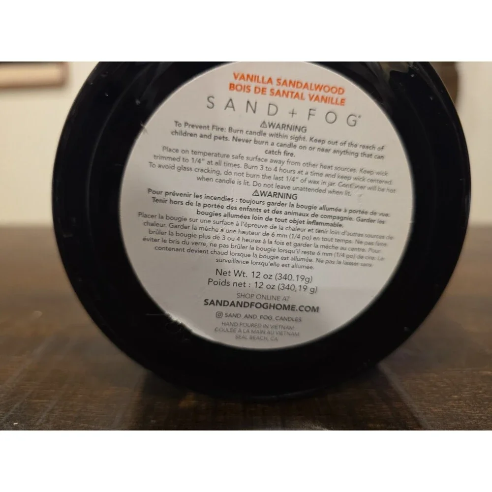 Sand & Fog Vanilla Sandalwood Candle 12 Oz 2 Wick. No Lid